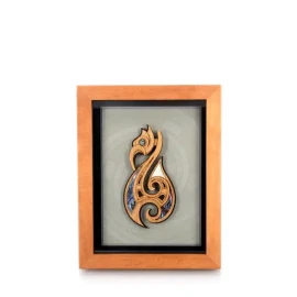 Contemporary Māori art. Framed Māori fishhook carving, small.