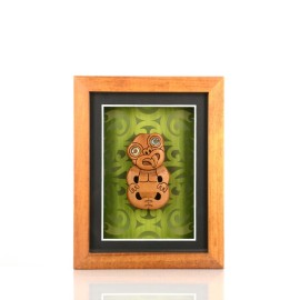 Contemporary Māori art. Framed Māori tiki, kauri. Small.