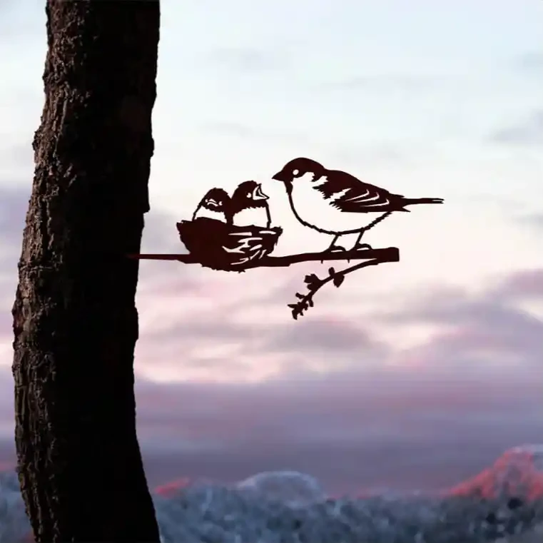 Metalbird sparrow and chicks silhouette
