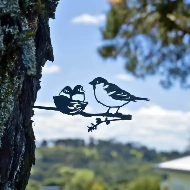 Metalbird sparrow and chicks silhouette