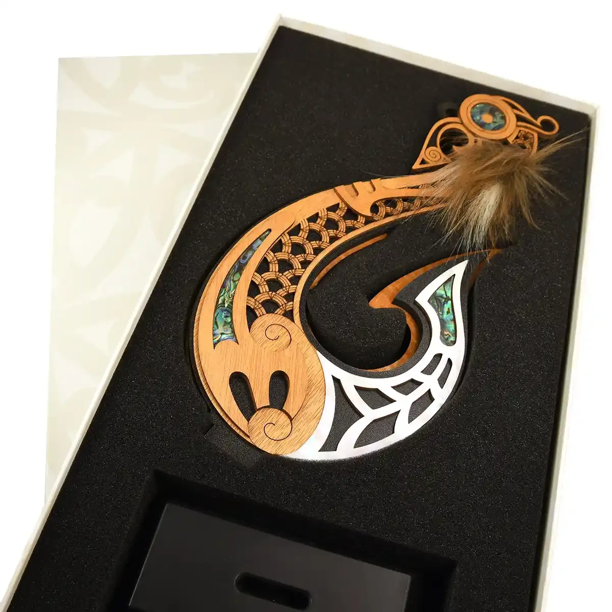 Large Māori fishhook trophy with engraving