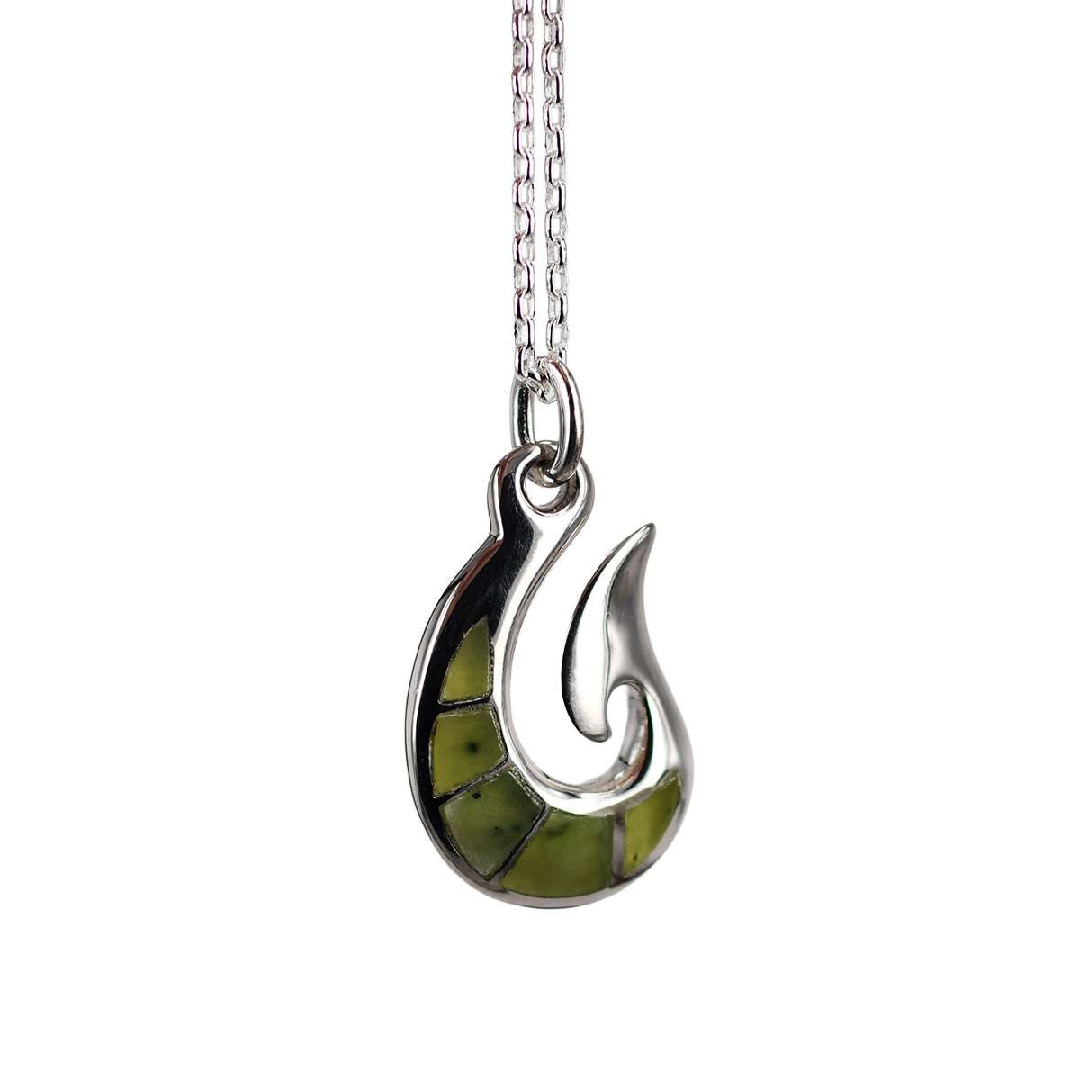 Sterling silver fishhook pendant with pounamu