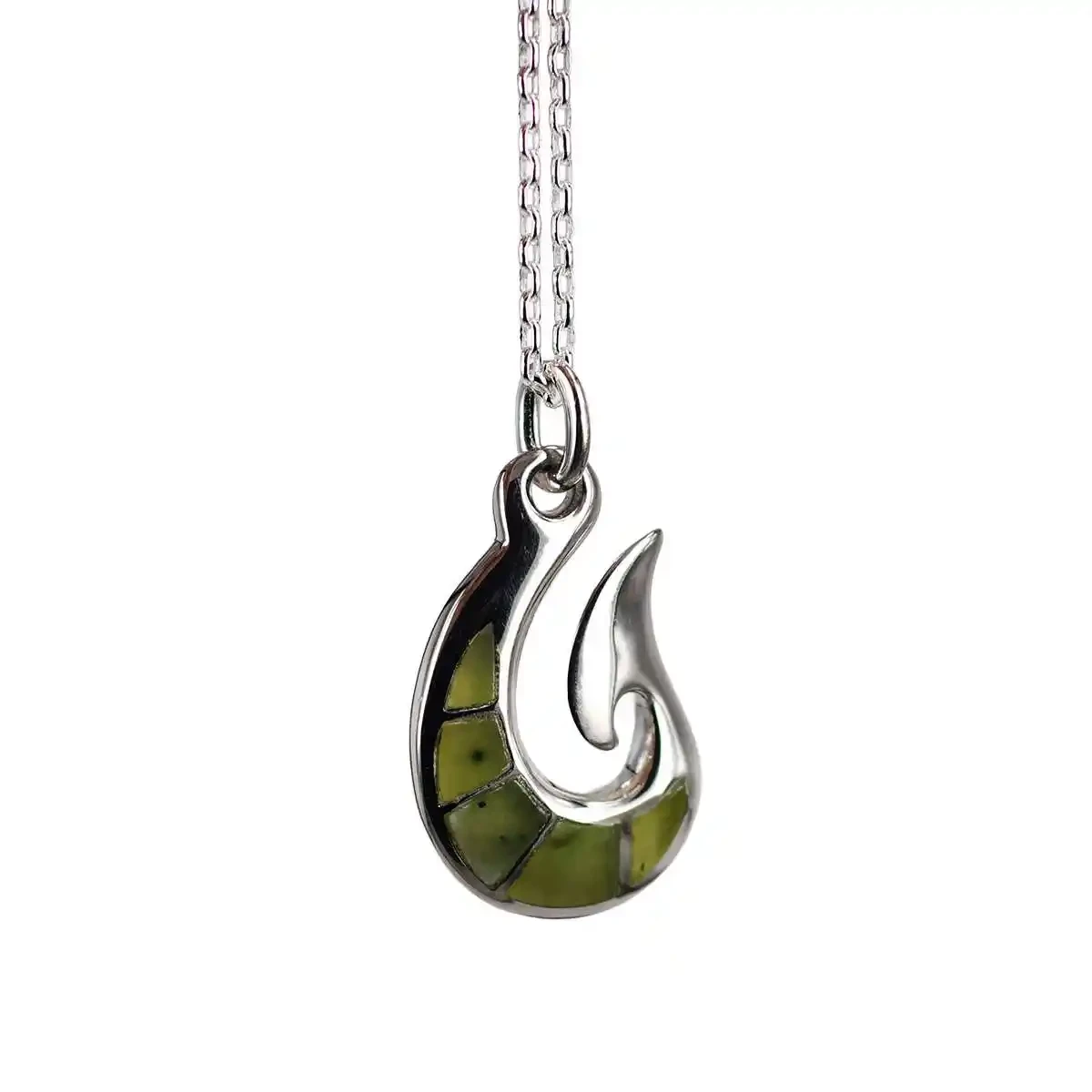 Sterling silver fishhook pendant with pounamu