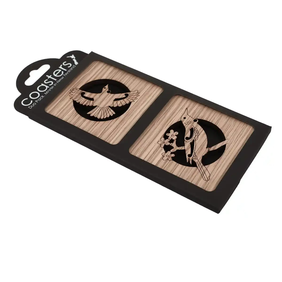 Oak timber coasters with tūī
