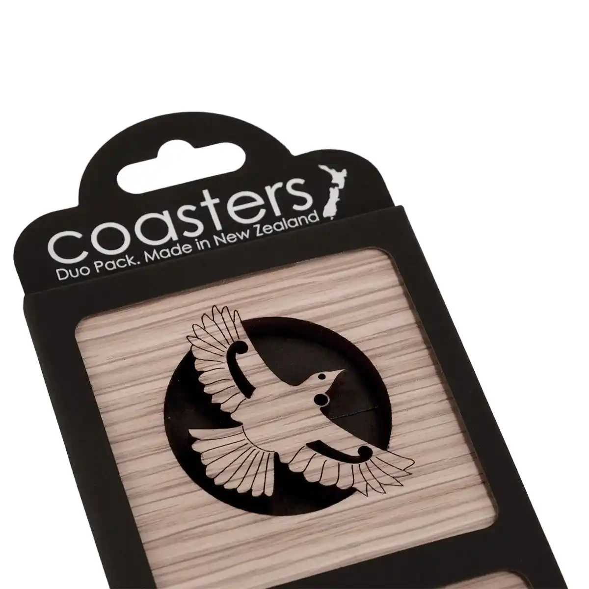 Oak timber coasters with tūī