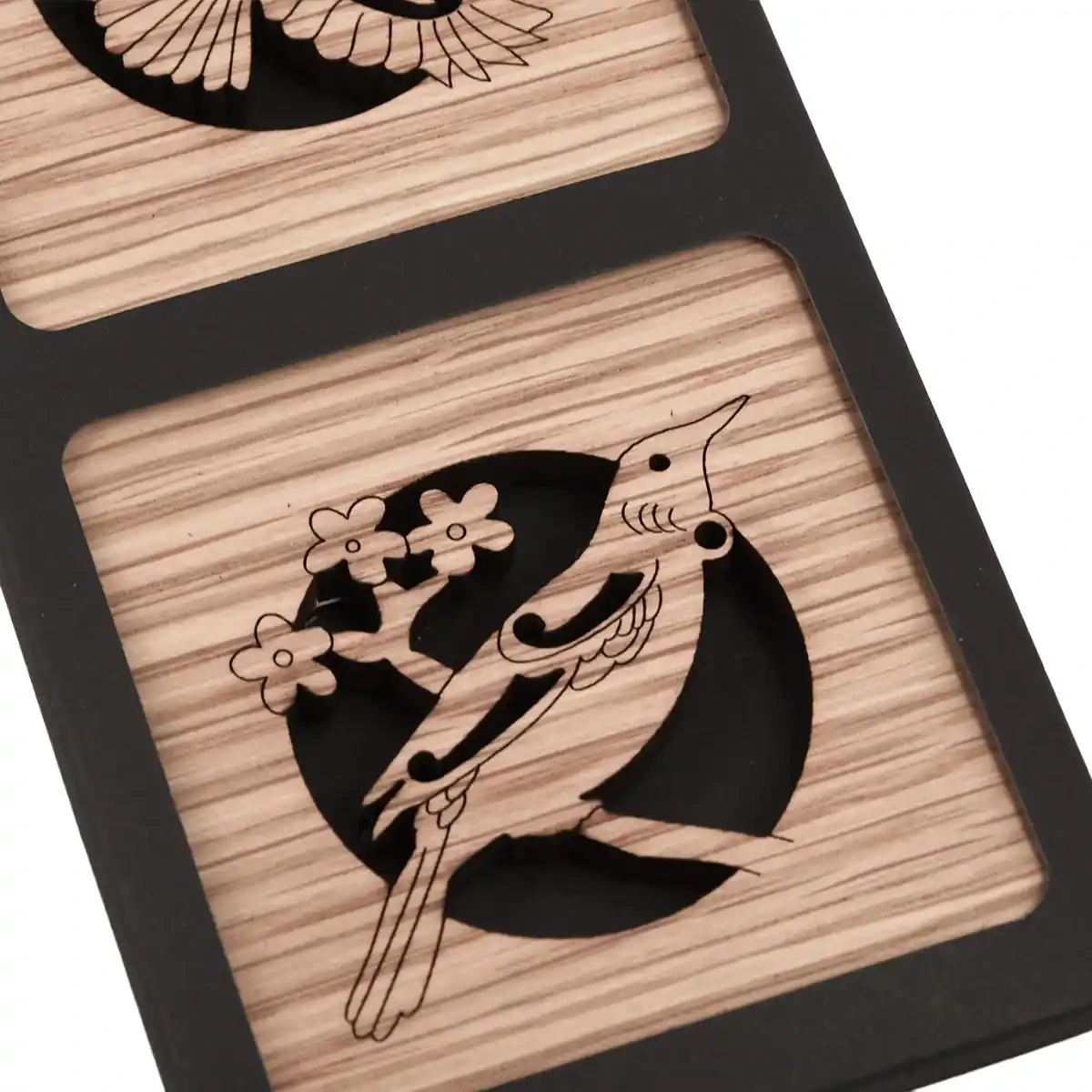 Oak timber coasters with tūī