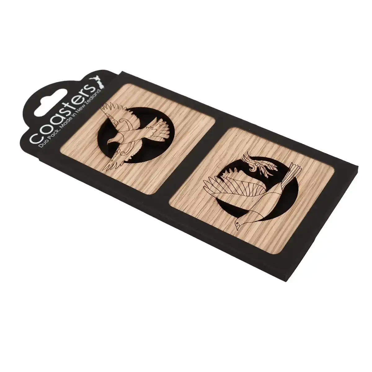 Oak timber coasters with kererū