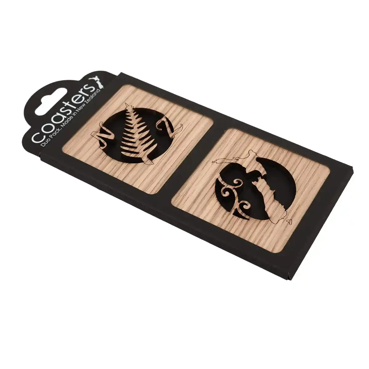 Oak timber coasters with ponga and NZ map