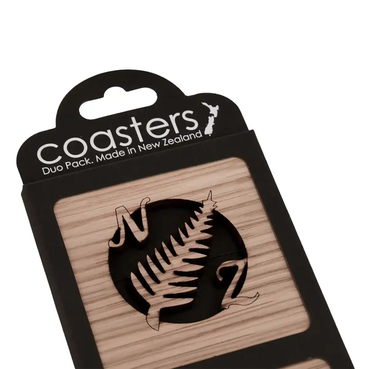 Oak timber coasters with ponga and NZ map