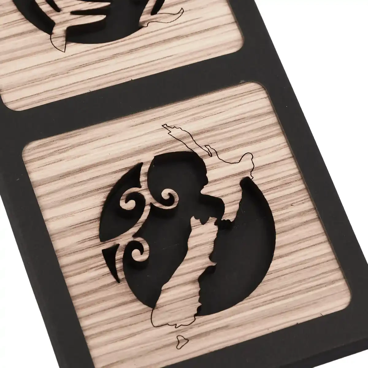 Oak timber coasters with ponga and NZ map