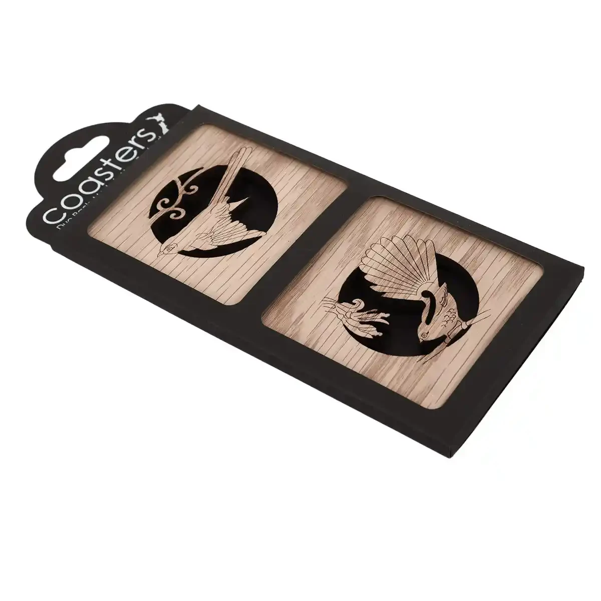 Oak timber coasters with pīwakawaka, fantail