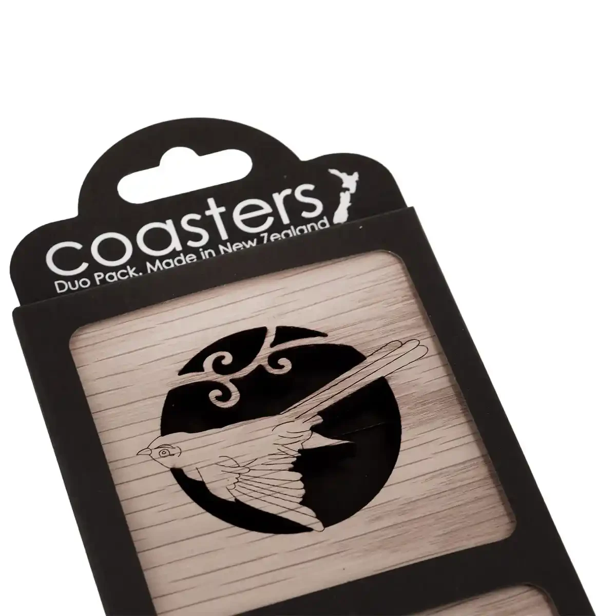 Oak timber coasters with pīwakawaka, fantail